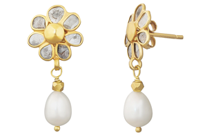 Pomegranate Blossom Pearl & Diamond Drop Earrings