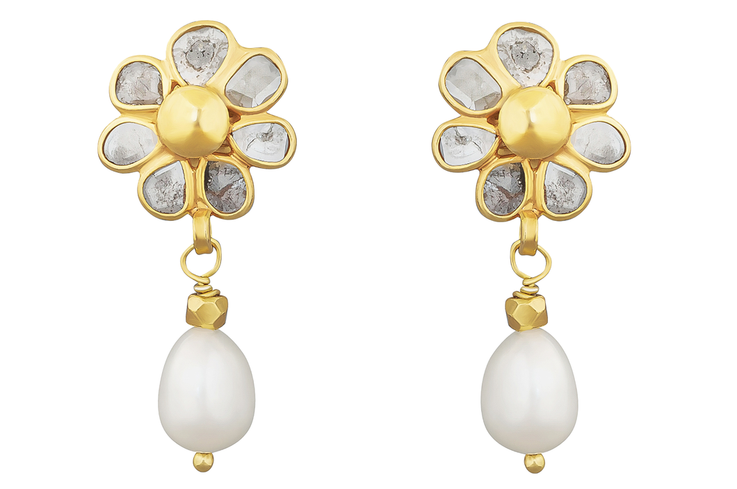 Pomegranate Blossom Pearl & Diamond Drop Earrings