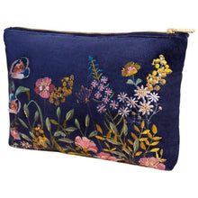 Load image into Gallery viewer, Velvet Embroidered Zip Pouch Navy Blue By Powder
