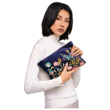 Load image into Gallery viewer, Velvet Embroidered Zip Pouch Navy Blue By Powder
